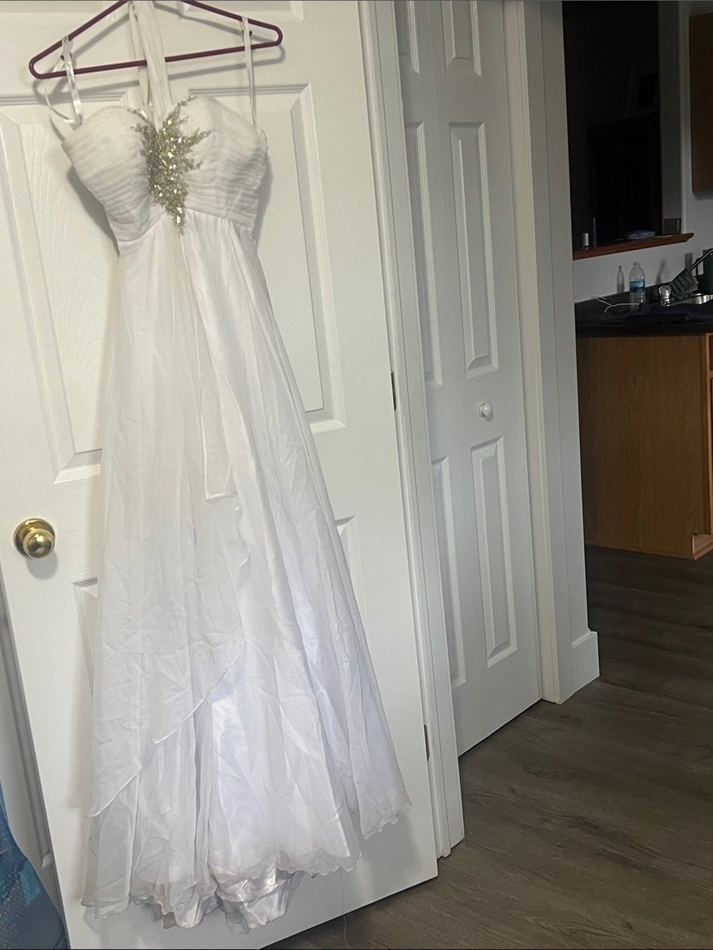 White Strapless A-Line Gown with Gold Embellishment